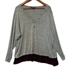 Zac & Rachel Gray Long Sleeve Decorative Plaid Hem Button Detail V Neck Top XL
